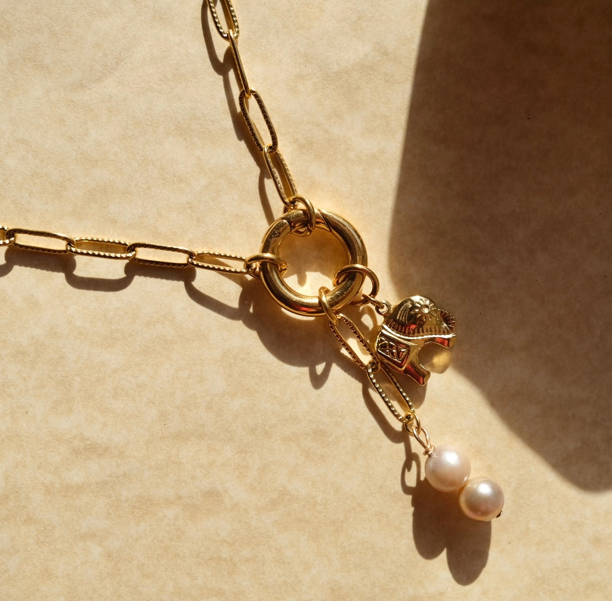 Double chain light caramel freshwater pearl charm C76